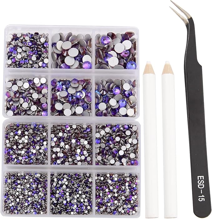 NCB 8000pcs Non Hotfix Rhinestones 10 Sizes Flatback Crystal Glass Rhinestones with Tweezers and Picking Pen for Nail Art Clothes Bags Phone Decorations Crafts DIY (055 Purple Velvet Mix SS3-SS30)