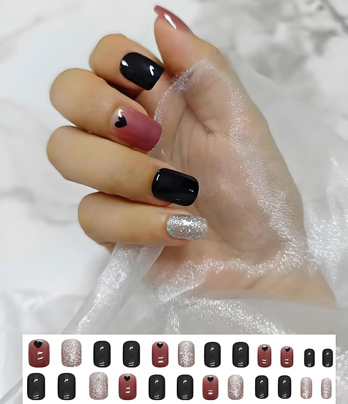 Pre-Designed Short Square Press on Nails Kit, 168 Pieces, 7 Designs Fake Nails, with 2 Bottles Reliable hold Nail Glue and Nail tools, All in 1 Stick on Nails (Short Square finger nail kit)