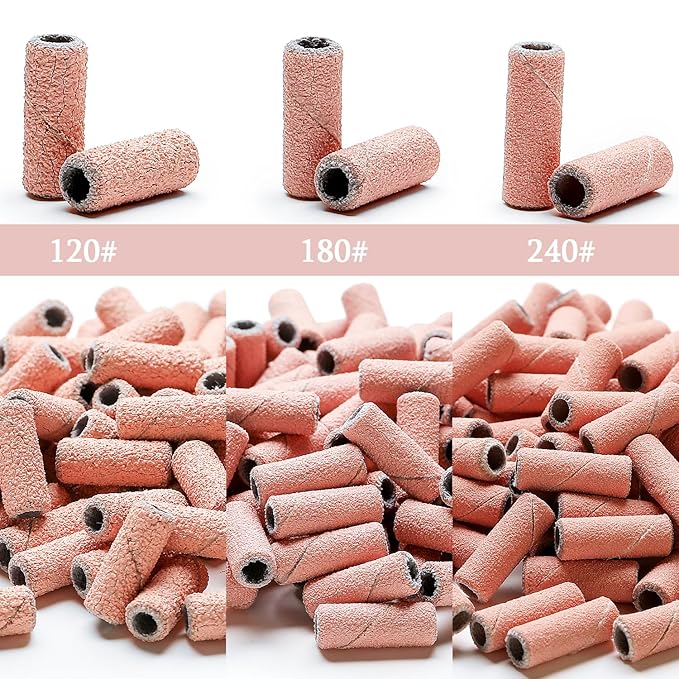 100pcs Nail Drill Bits Small Sanding Bands with Upgrade 3.1mm Mandrel Bit, 120 Medium Grit Nail File Sanding Bands for Acrylic Nails Gel Removing Shaping Manicures and Pedicure(Pink, 120 Grit)