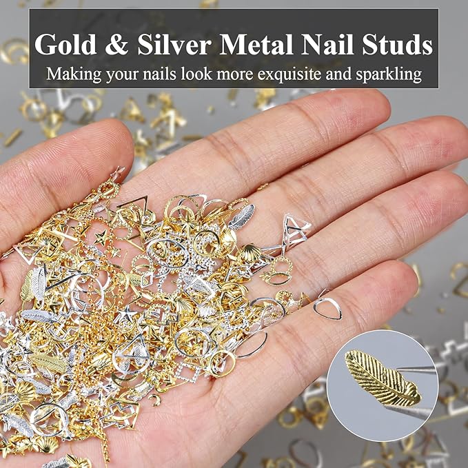 5 Boxes Gold Silver 3D Metal Punk Studs Star Moon Heart Triangle Ring Square Rivet Gems Nail Art Jewels and 4 Sheets Nail Stickers with a Curved Tweezers and a Nail Brush (Gold & Silver)