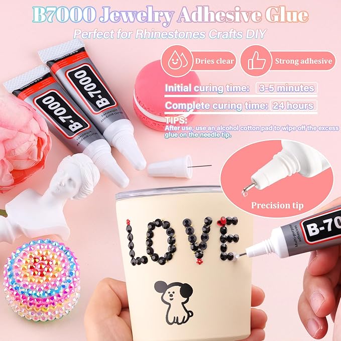 32000Pcs Resin Black Rhinestones with B7000 Jewelry Glue for Crafting, 2-6mm Non Hotfix Flatback Gems, Bedazzling Crystal for DIY Crafts Clothing Tumblers Mugs Shoes Fabric Decor Nail Art