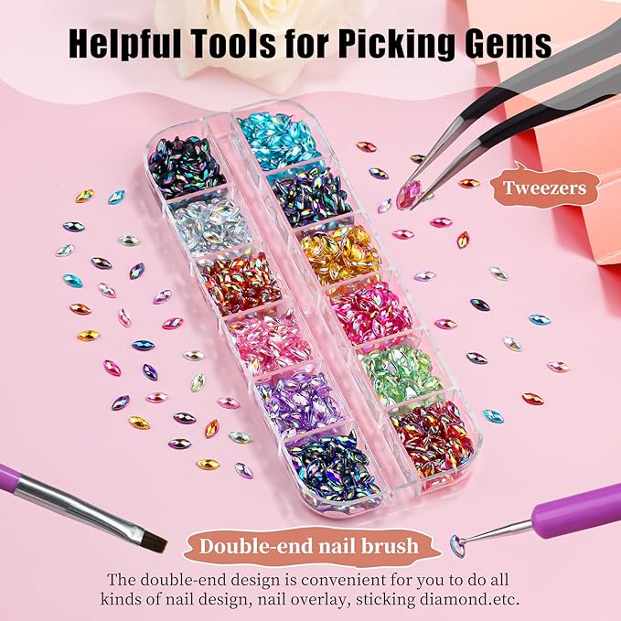960pcs 3x6mm Horse Eye Nail Rhinestones, 12 Colors Sparkling Shiny Crystal AB 3D Flatback Gems Shiny Nail Diamonds with Tweezers and Dual-end Brush for Crafts DIY, Face Makeup Gems Jewels (10-K1)