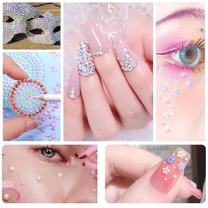 5 Boxes Gold & Silver Metal Nail 3D Punk Studs Star Moon Heart Triangle Square Rivet Gems Nail Art Jewels with a Curved Tweezers and a Nail Brush and a Wax Pen Picker (7-Rhinestones kit-4)