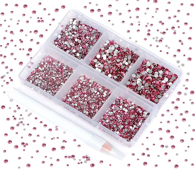 Bymitel 7200 Pieces 6 Mixed Sizes Glue Fix on Glass Rhinestones Round Crystal Gems Flatback for DIY Jewelry Making with one Picking Pen(6-Sizes 7200PCS, Rose)