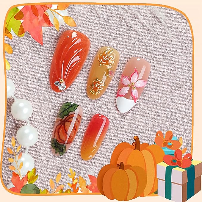 30Pcs Fall Press on Nails Medium Almond French Tip Fake Nails with 3D Flower Gold Sliver Gems Design Maple Leaf Pumpkin False Nails Glossy Glue on Nails Full Cover Artificial Stick on Nail for Women