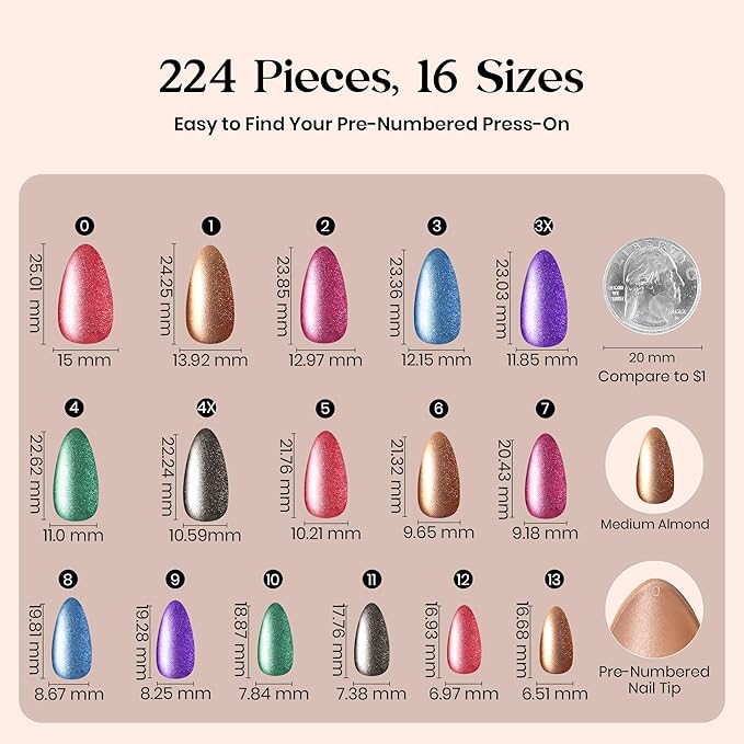 Beetles Cat Eye Press On Nails - Midnight Aurora | 7 Colors Medium Almond Press On Nails | 16 Sizes 224 Pcs Natural Salon Quality For Red Blue Purple Nails