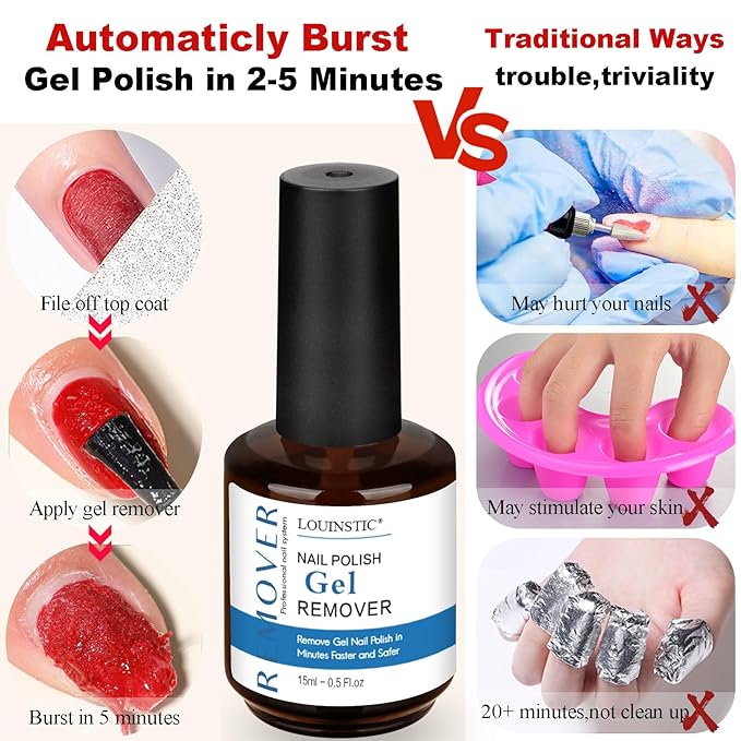 LOUINSTIC Gel Nail Polish Remover Kit – Fast & Gentle & No Damage to Nails,Includes Nail Files for At-Home Manicure, Safe & Non-Damaging Nail Care for DIY Lovers(1PC/15ML)