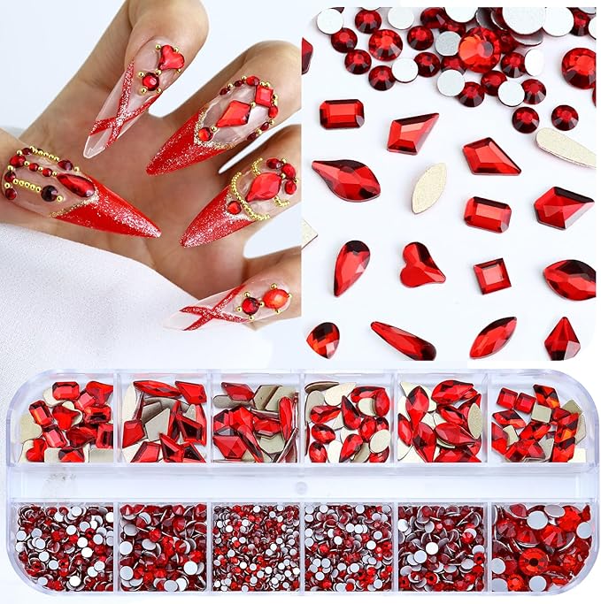 Dowarm 3200PCS Nail Art Rhinestones, Red/Siam Flatback Rhinestones for Nails, Crafts, 12 Styles 3D Glass Crystal Nail Gems