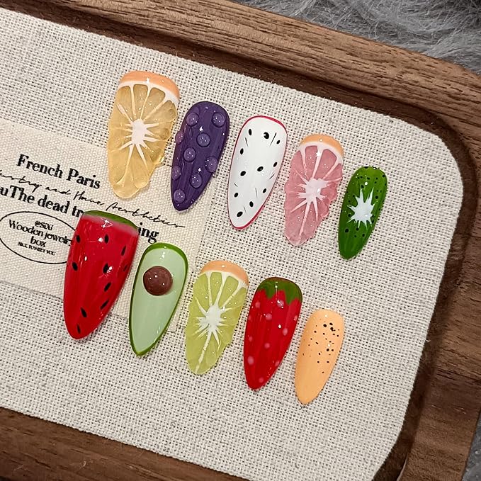Summer Fruit Press on Nails - Vibrant Almond Shaped Fake Nails with Kiwi, Watermelon & Avocado Designs | Reusable Colorful Nail Art for Women | Tropical Fruit Manicure Set (Medium Length,XS)