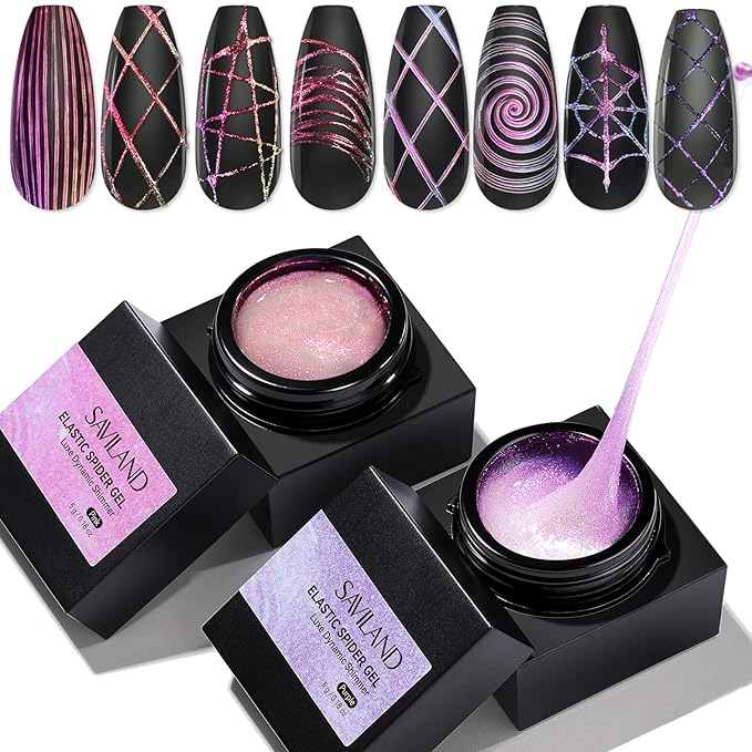 SAVILAND Pink & Purple Spider Gel for Nails: 2 PCS Glitter Spider Gel for Nail Art No-Wipe Unbreakable Paint Line Drawing Gels Sparkling Effect Manicure DIY Nail Designs Home