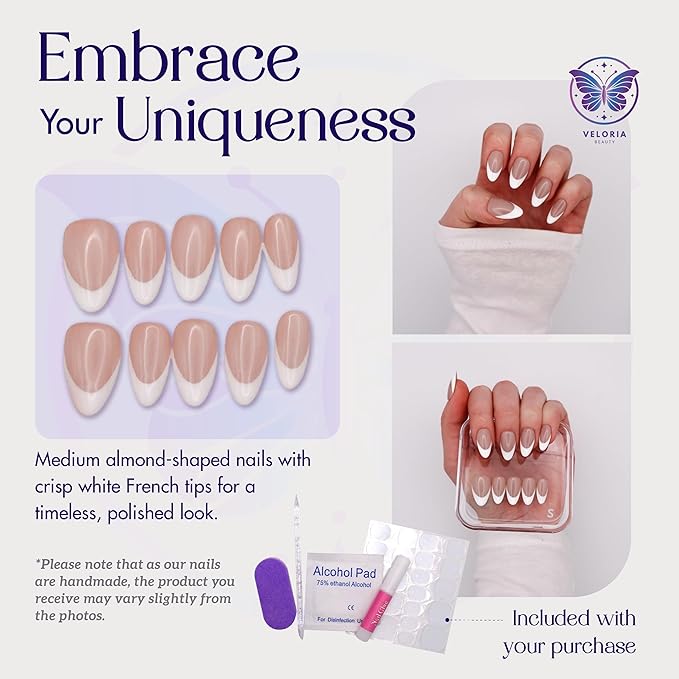 3D Handmade Press On Nails, Short Almond Shaped, French Tips, Acrylic, Gel, Reusable Kit, For Women & Girls Daily Wear or Special Occasion (Frosted Tips - L)