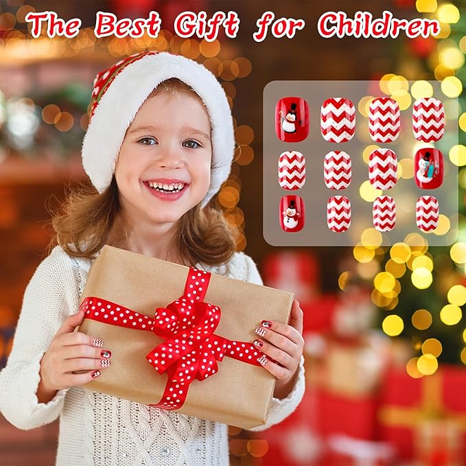 JANYUN Christmas Kids False Nails, 96 Pcs Stick On Nails Kids Full Cover Xmas Short False Nails Lovely Gift for Little Girls Nail Art Decoration (Christmas Theme)