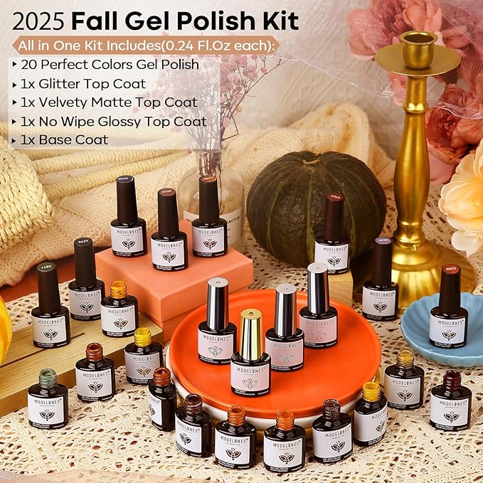 modelones 24PCS Fall Gel Nail Polish Kit, Red Brown Green Yellow Orange Gel Polish Set Soak Off Nail Polish Kit with Glitter, Glossy and Matte Top Base Coat DIY Manicure at Home
