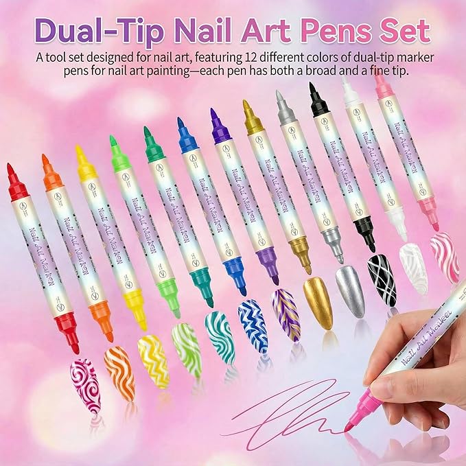 12 Colors Double-Ended Nail Art Markers Set, 3D Nail Polish Pens with Liner Brush & Drawing Tip, Professional DIY Manicure Painting Tools, Valentine's Day Gifts for Her, Nail Decoration Kit