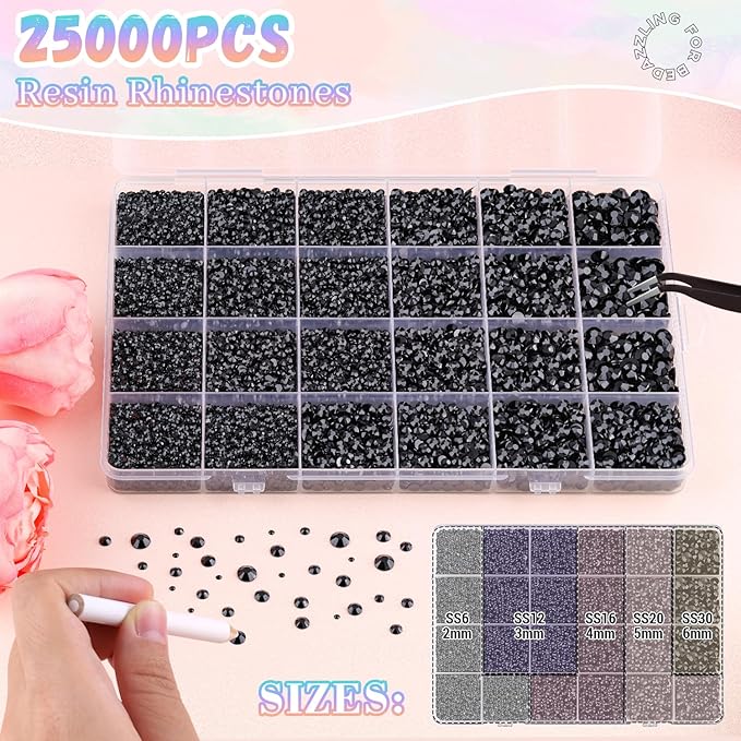 25000Pcs Black Rhinestones for Bedazzling with B7000 Jewelry Glue, Non Hotfix Flatback Gems, Crystal Resin Rhinestones for Crafting Crafts Clothing Tumblers Mugs Shoes Fabric Decor Nail Art