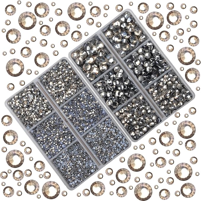 10000Pcs 2-Boxes Mixed Size Hot Fix Round Crystals Gems Glass Stones Hotfix Flat Back Rhinestones with Tweezers and Picking Pencil (Black Diamond)