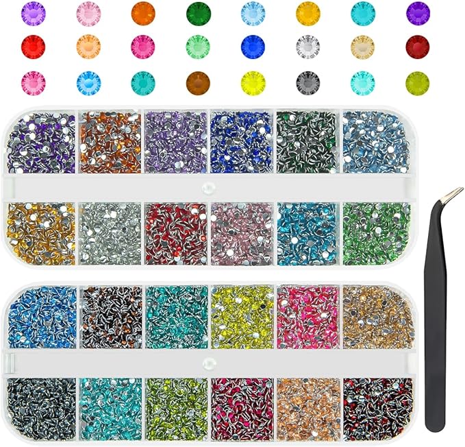 24 Color 2mm Small Crystal Resin Rhinestones for Bedazzling Crafting SS6 Tiny Flatback Stones Colorful Gems Diamonds Charms for Nails Eyes Face Makeup Tumblers Bottles DIY Crafts Clothes Shoes