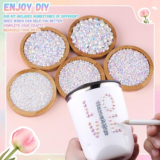 25000Pcs White ABRhinestones for Bedazzling with B7000 Jewelry Glue, Non Hotfix Flatback Gems, Crystal Resin Rhinestones for Crafting Crafts Clothing Tumblers Mugs Shoes Fabric Decor Nail Art
