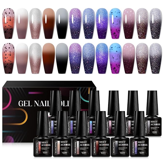 MEET ACROSS 12PCS Color Changing Gel Nail Polish Set Glitter Temperature Mood Changing Color Changed Gel Soak Off Nail Art Design Kit Manicure at Home DIY Special Gifts for Women Girls