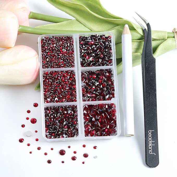Beadsland 4300pcs Flatback Rhinestones,Dark Red Rhinestone Nail Gems Round Crystal Rhinestones for Crafts,Mixed 6 Sizes with Picking Tweezers and Wax Pencil Kit, SS6-SS20,Dark Siam