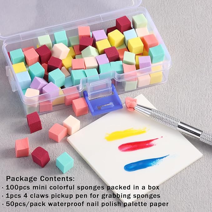 100Pcs Nail Sponges for Ombre Nail Art, Mini Soft Nail Art Sponges with Grabbing Pen and Waterproof Nail Polish Palette Paper, Nail Ombre Brush Gradient Manicure DIY Tools Nail Supplies