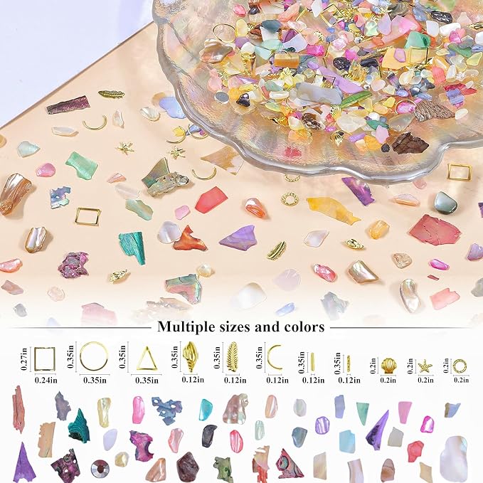 5 Boxes 3D Nail Art Crushed Sea Shell Irregular Iridescent Natural Abalone Seashell Slices Starfish Metal Sea Star Conch Moon Triangle Rivet Gems(sea Shell kit)