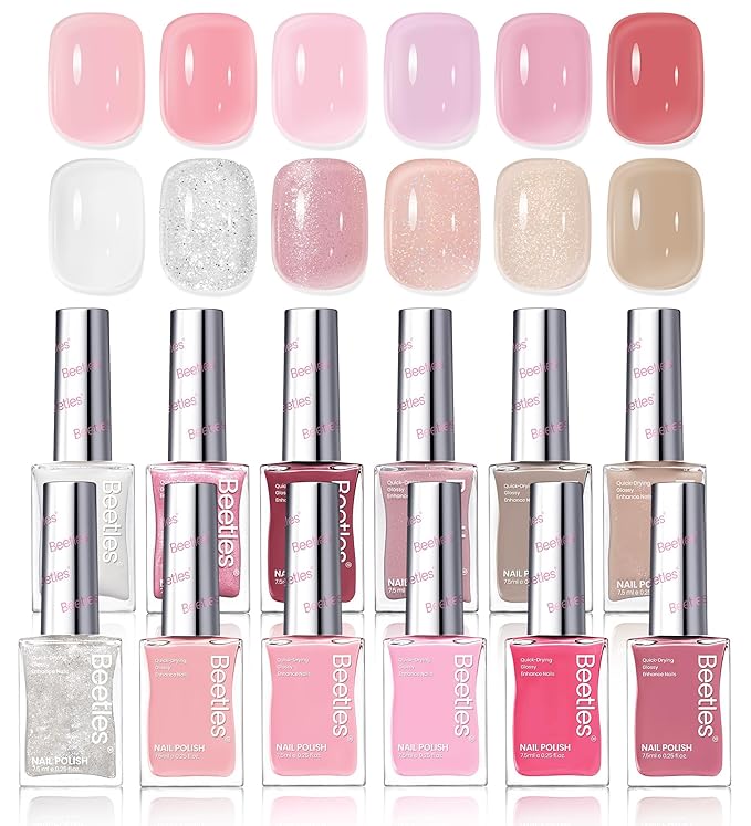 Beetles Nail Polish Set - 12 Colors Jelly Pink Quick Dry Nail Polish Glitter Air Dry Serenely Chic Fingernail Polish DIY Valentines Nails Art Set Home