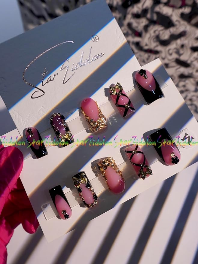 HAND-PAINTED White Press Ons Neon Small Press on Nails Long French Press on Nails Coffin Medium Short Nail art Fake Nail Art Kit with 7g Glue on Nails Handmade Almond Square Nails (TJ-14, X-Small)