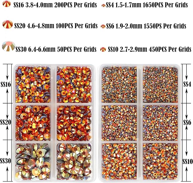 NCB Hotfix Iron on 8000pcs Crystal Rhinestones Round Gem for Crafts Decoration DIY Jewelry Making with a Tweezers and 2 Picking pens (Golden Sun, 6Sizes SS4-SS30)