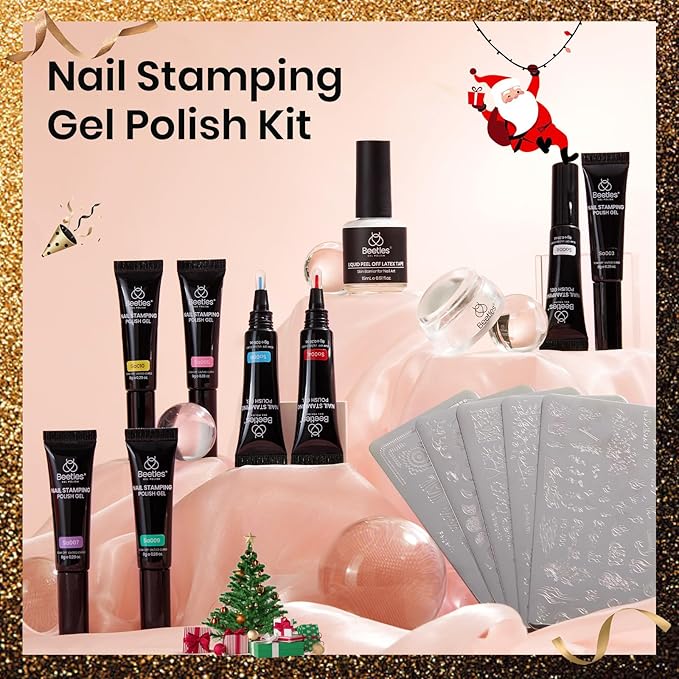 Beetles Nail Stamp Gel 16Pcs French Tip Nail Stamp Kit with 8 Colors Stamper Gel Polish, 5 Nail Stamping Templates, Scrapers, Liquid Latex & Short Silicone Stamper Gift for Women