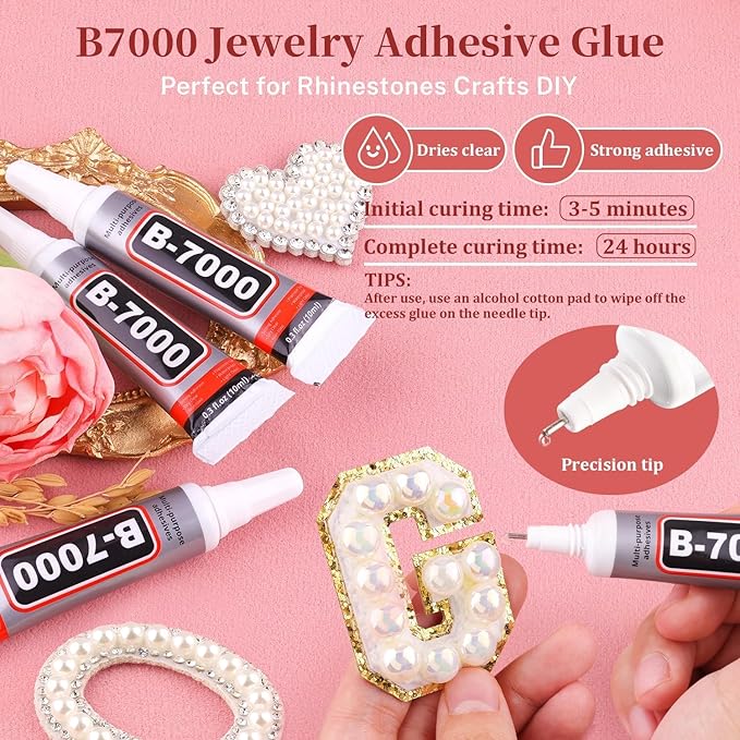 Flatback Pearls for Crafting with 3Pcs 10ml B7000 Jewelry Glue, 2 Boxes of Half Round Beige AB Pearls, Bedazzling Beads for DIY Crafts Clothing Tumblers Shoes Embellishment Nail Art