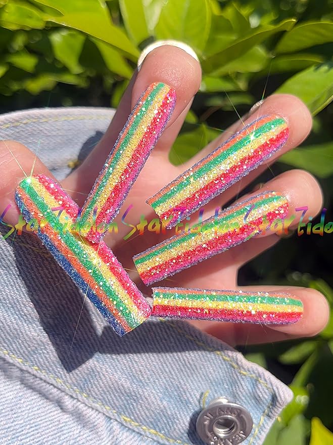 HAND-PAINTED White Press Ons Neon Small Press on Nails Long French Press on Nails Coffin Medium Short Nail art Fake Nail Art Kit with 7g Glue on Nails Handmade Almond Square Nails (Small, J8)