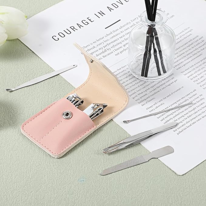 Nail Clipper Set Travel Manicure Kit for Women, 6 Pcs Stainless Steel Nail Kit with Storage Bag Includes Nails Clippers, Nails File, Eyebrow Tweezers, Ear Pick, Christmas Gifts for Women (Pink)