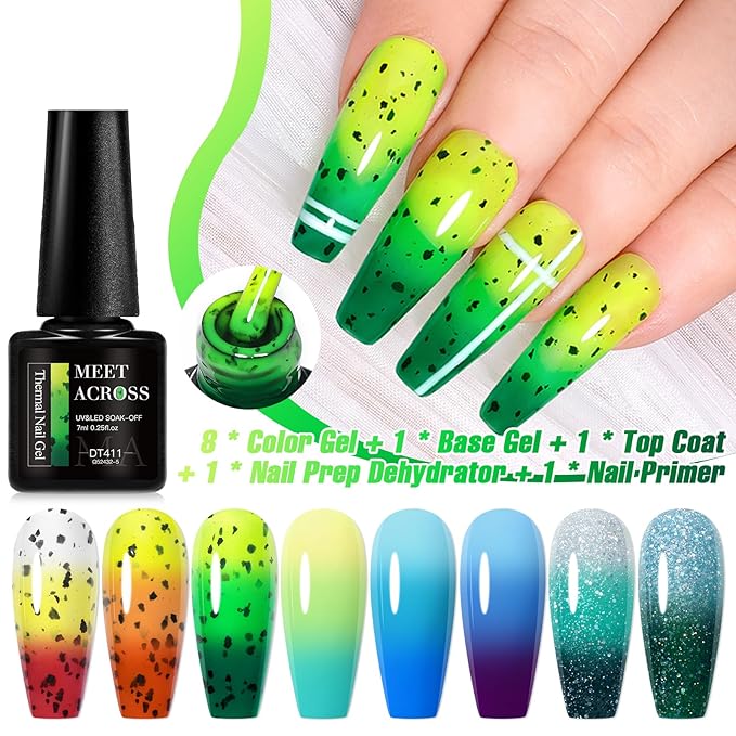 MEET ACROSS 12PCS Color Changing Gel Nail Polish Set Blue Green Mood Temperature Change Nail Polish Eggshell Gel Polish Set Nail Art Design 8 Colors