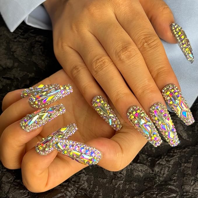 Trendy Handmade Press On Nails Long Square Shape,10Pcs Crystal AB Diamonds Large Acrylic Fake Nails with 3D Rhine Stone Luxury Design Stick On Nail for Woman Gift