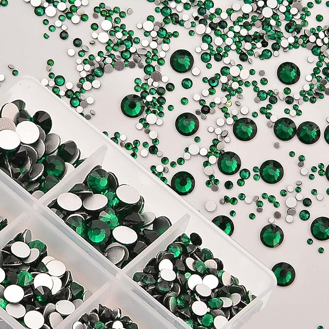 NCB 8000pcs Non Hotfix Rhinestones 10 Sizes Flatback Crystal Glass Rhinestones with Tweezers and Picking Pen for Nail Art Clothes Bags Phone Decorations Crafts DIY (010 Emerald Mix SS3-SS30)
