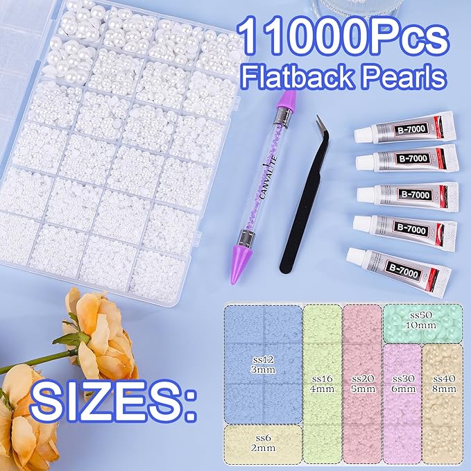 Canvalite 11000Pcs Flatback Pearls for Crafting, Multiple Sizes Half Nail Pearls with 5Pcs B7000 Jewelry Glues & Picker Tools Bedazzling Bead for DIY Crafts Clothing Tumblers Shoes Decors Nail Art