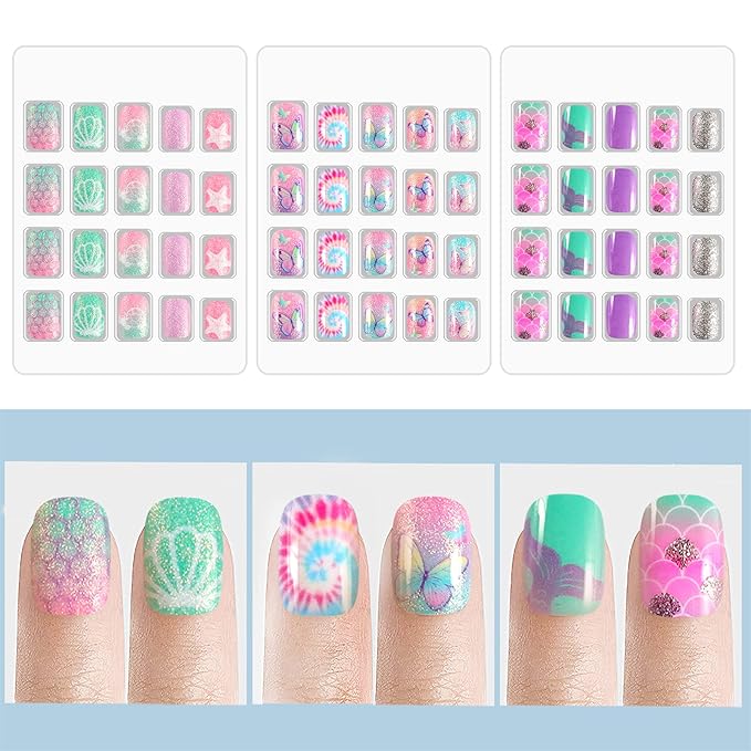 Laza 60pcs Children Nails Press On Pre-glue Full Cover Glitter Gradient Color Rainbow Sparkling Star Unicorn Shell Short False Nail Kits for Kids Teenager Girls - Mermaid Butterfly