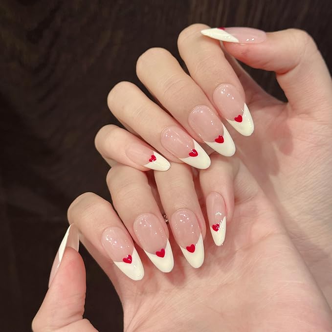 Valentine's Day Press on Nails with Red Heart - Medium Almond Fake Nails Full Cover Glossy, Classic White Edge Design French Tip Handmade False Nails(Creamy Heart French,S)