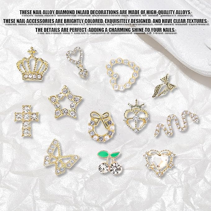 3D Nail Charms,24Pcs Love Heart Star Cross Cherry Butterfly Bow Nail Rhinestone Charms,Metal Alloy Nail Art Decorations for Manicure Design Accessories DIY Crafts (A Gold)