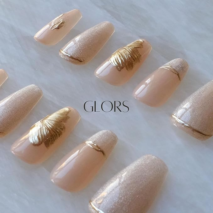 Press On Nails, Long Ballerina Style, Nude Pink with Gold Accents, 10 Pieces (XS,LB)