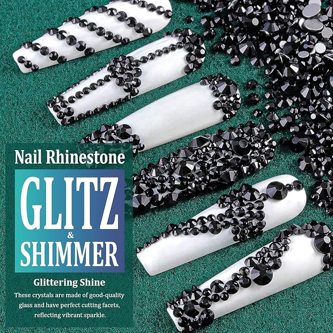 6 Sizes Black Glass Crystal Kit with Pickup Pen + Tweezer Tools for Shine Nail Art Manicure Makeup DIY Decoration Flatback Round Rhinestone Gem Jewelry Diamond