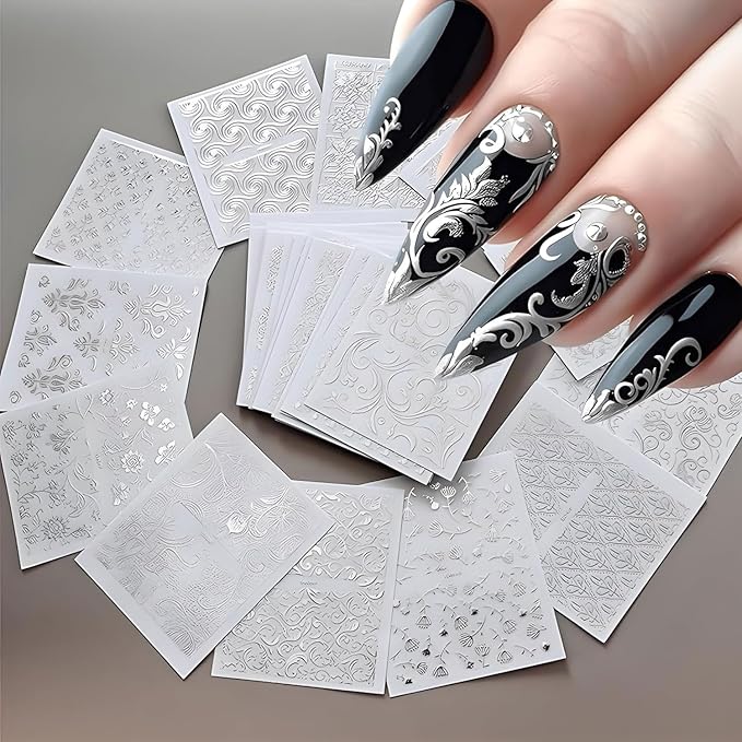 30 Sheets Silvery Stickers 3D Self-Adhesive Lace Nail Decals Retro Flower Designs Nail Supplies Acrylic Nail Decoration DIY Nails Art Accessories for Women