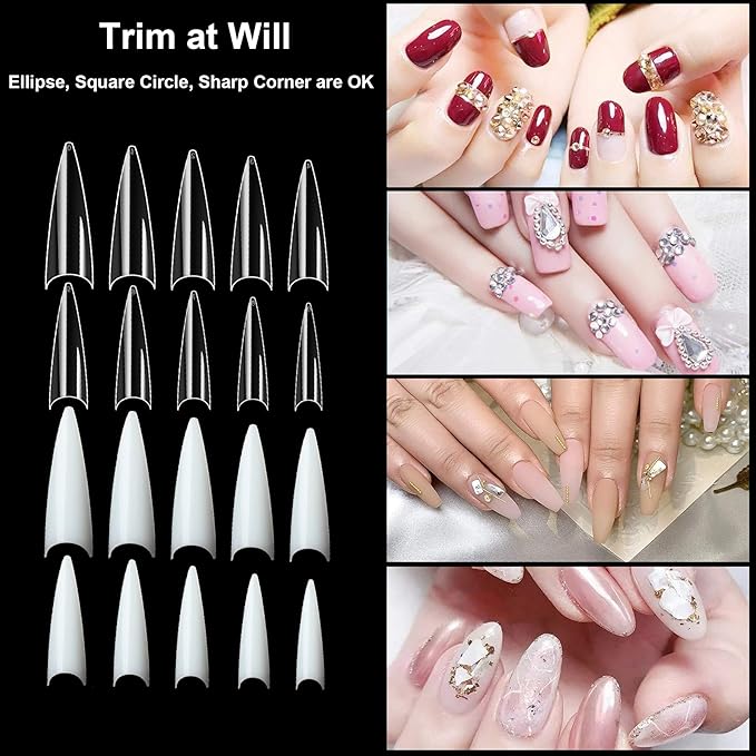 FEBSNOW 1000PCS Long Stiletto Nail Tips Acrylic Nails Artificial Half False Flake Nail Tips 10sizes with Clear Plastic Cases for Nail Salon Nail Shop Diy Nail Art Ballerina Nails (Clear+Natural)