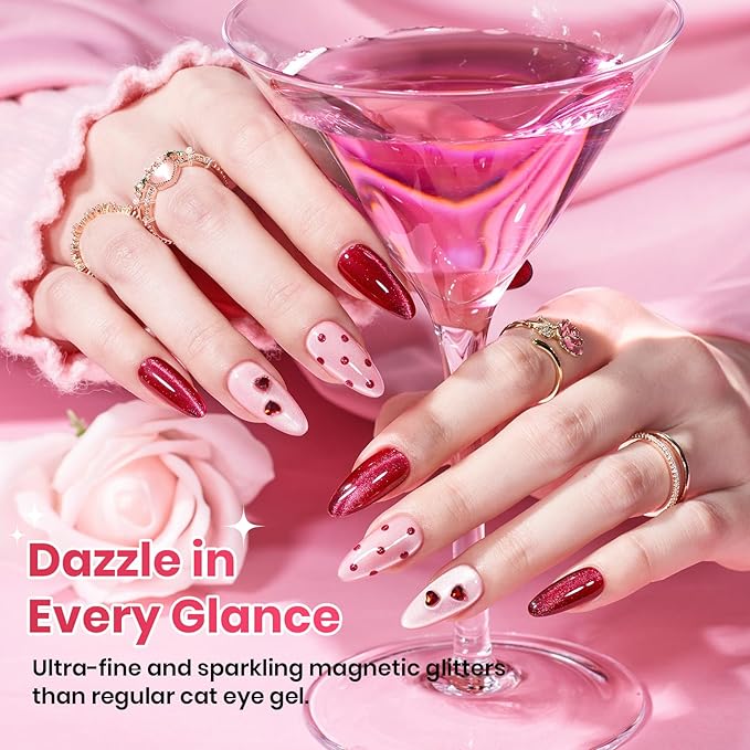 Beetles Pulse of Love Pink Cat Eye Gel Nail Polish Set - 6 Colors Pink Cat Eye Glitter Gel Polish Kit Magnetic Shine Soak Off UV French Nail Art Salon DIY Manicure Spring Gift for Women