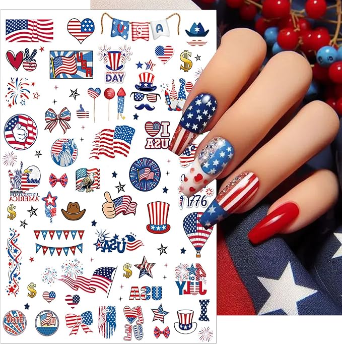 6pcs 4th of July Nail Stickers 3D Nail Decals Independence Day Nail Art Sticker for USA Flags Heart Star Stripe Letters Fireworks Nails Design Adhesive Sticker Patriotic Manicure Decorations for Women