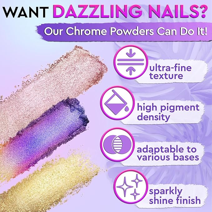 Chrome Nail Powder Kit 16 Jars – Chrome Powder for Gel Nails, 16 Stunning Colors, Including Mirror, Holographic & Chameleon Effects | Works with Charms, Rhinestones and Nail Art Striping Tape Lines