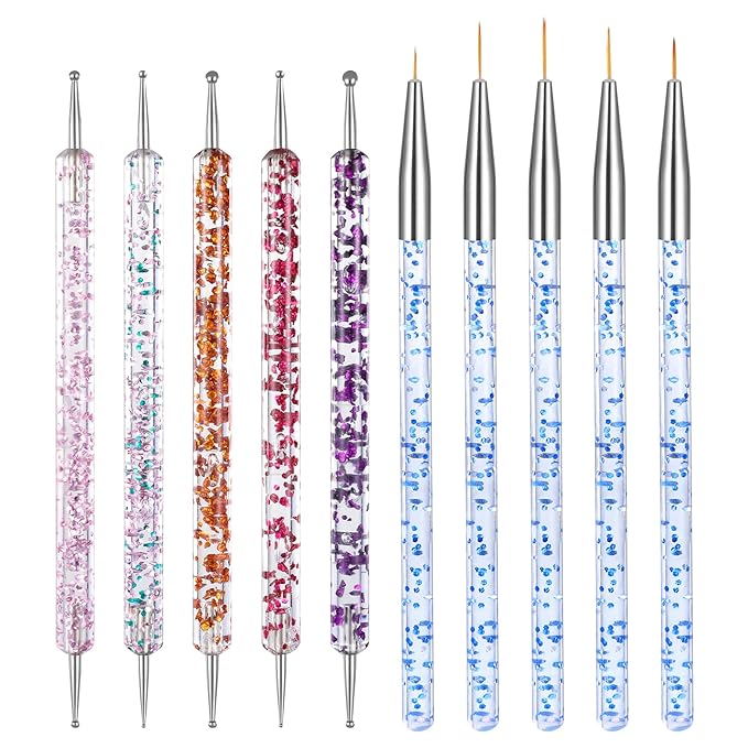 10 Pcs Nail Dotting Tools Set, 5 Pcs Double-headed Nail Dotting Pens 5 Pieces Nails Liner Brushes Professional Nails Art Dottings Tool for Women Home Manicure Arts Painting Design