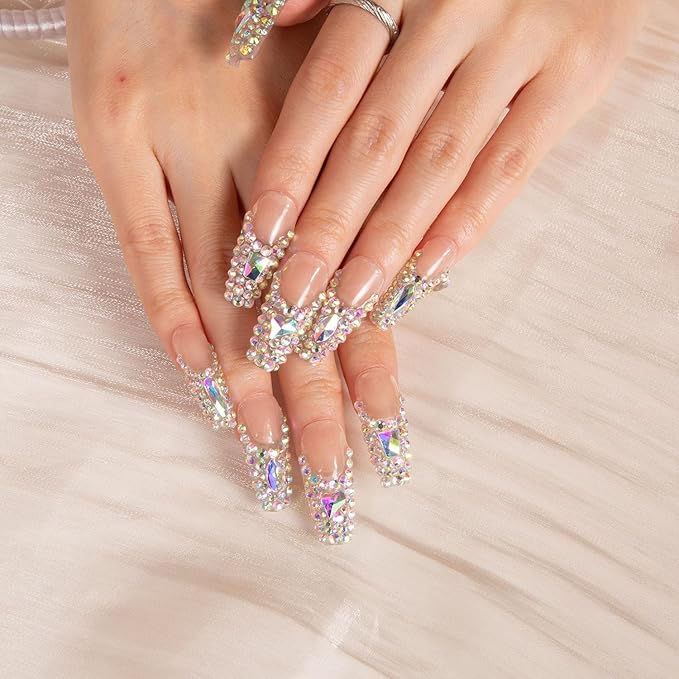 LOVFUL Press on Nails Angel's Tear Rhinestone | Handmade with Full Covered Crystals | Reusable Full Cover Nails | Coffin Classic Regular 1.3 in | H48-L