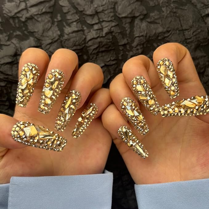 Trendy Handmade Press On Nails Long Square Shape,10Pcs Shimmery Large Acrylic Fake Nails with 3D Champagne Rhinestone Luxury Design Stick On Nail for Woman Gift